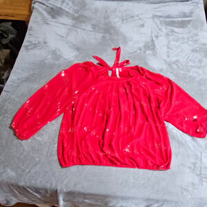 Collection Women’s Red Solid Sequin Tie-Neck 3/4 Sleeve Blouse 2X Plus